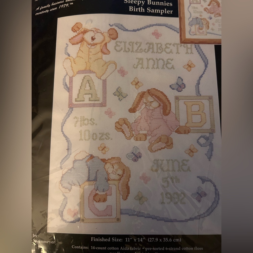 Janlynn Sleepy Bunnies Birth Sampler Counted Cross Stitch Kit New Open Package